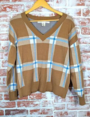 Max Studio V-Neck Plaid Tight-Knit Preppy Grandpacore Camel Blue Sweater L